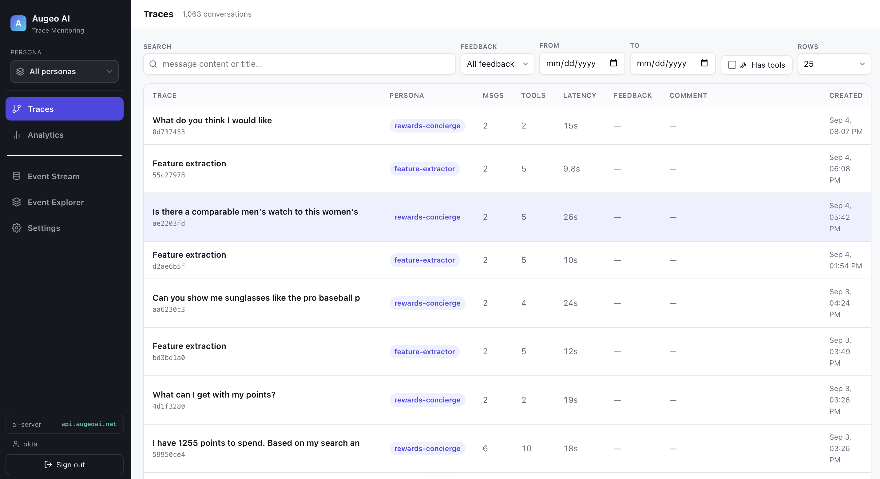 Augeo AI trace monitoring dashboard with rewards-concierge and feature-extractor conversations