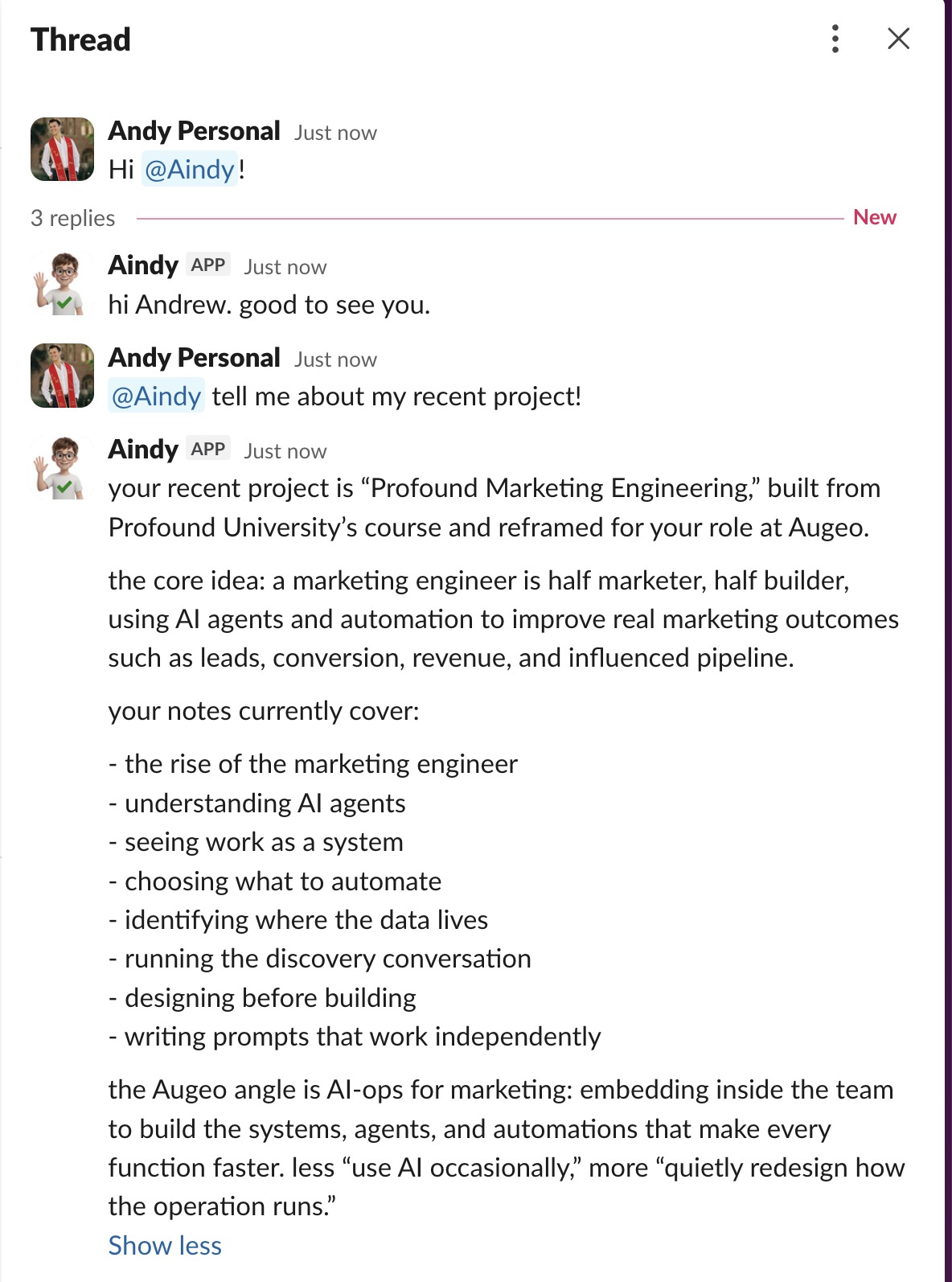 Aindy in Slack, answering a question about a recent project from persistent context