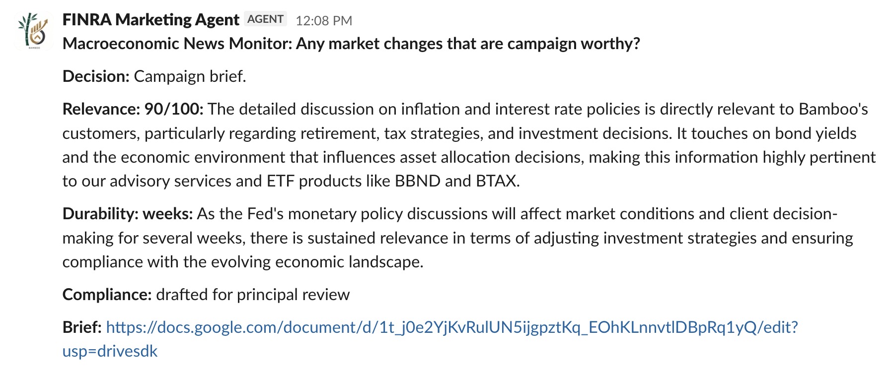 Slack post from the FINRA Marketing Agent: a campaign-brief decision with relevance, durability, and a link to the draft